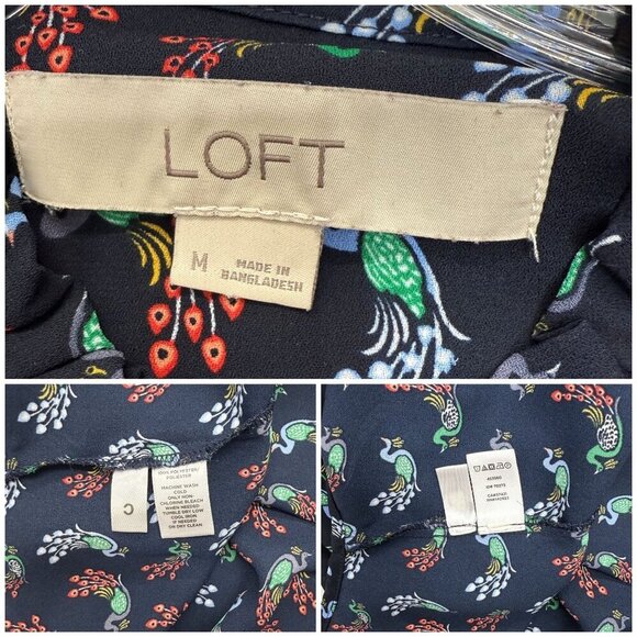 Loft Peacock Print Ruffle Neck Blouse Button Up Long Sleeve Navy Blue Size M - Picture 9 of 12